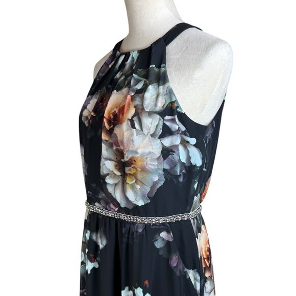 SLNY Black Floral Halter Top Sleeveless Belted Lined Zip Up Maxi Dress Pockets - Picture 6 of 11